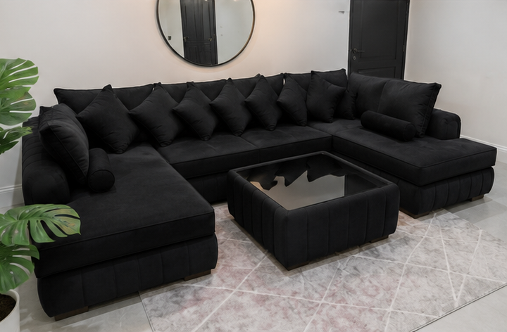 Jet Black Channel-Tufted U-Shape Sofa (XL)