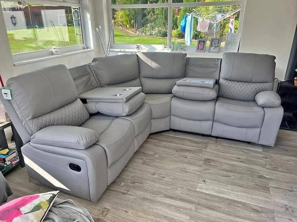 Slate Grey Leather Reclining Corner Sofa