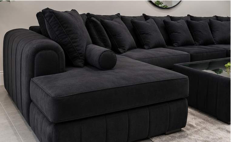 Jet Black Channel-Tufted U-Shape Sofa (XL)