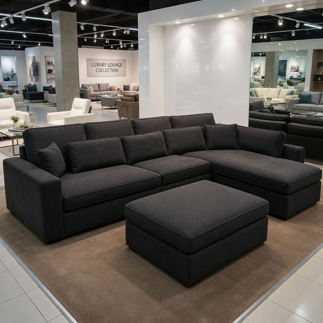 Midnight Black Fabric Corner Sofa with Ottoman